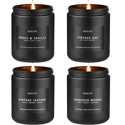 4 Pack Scented Candles Set for Men | Leather, Oak, Smoke & Vanilla