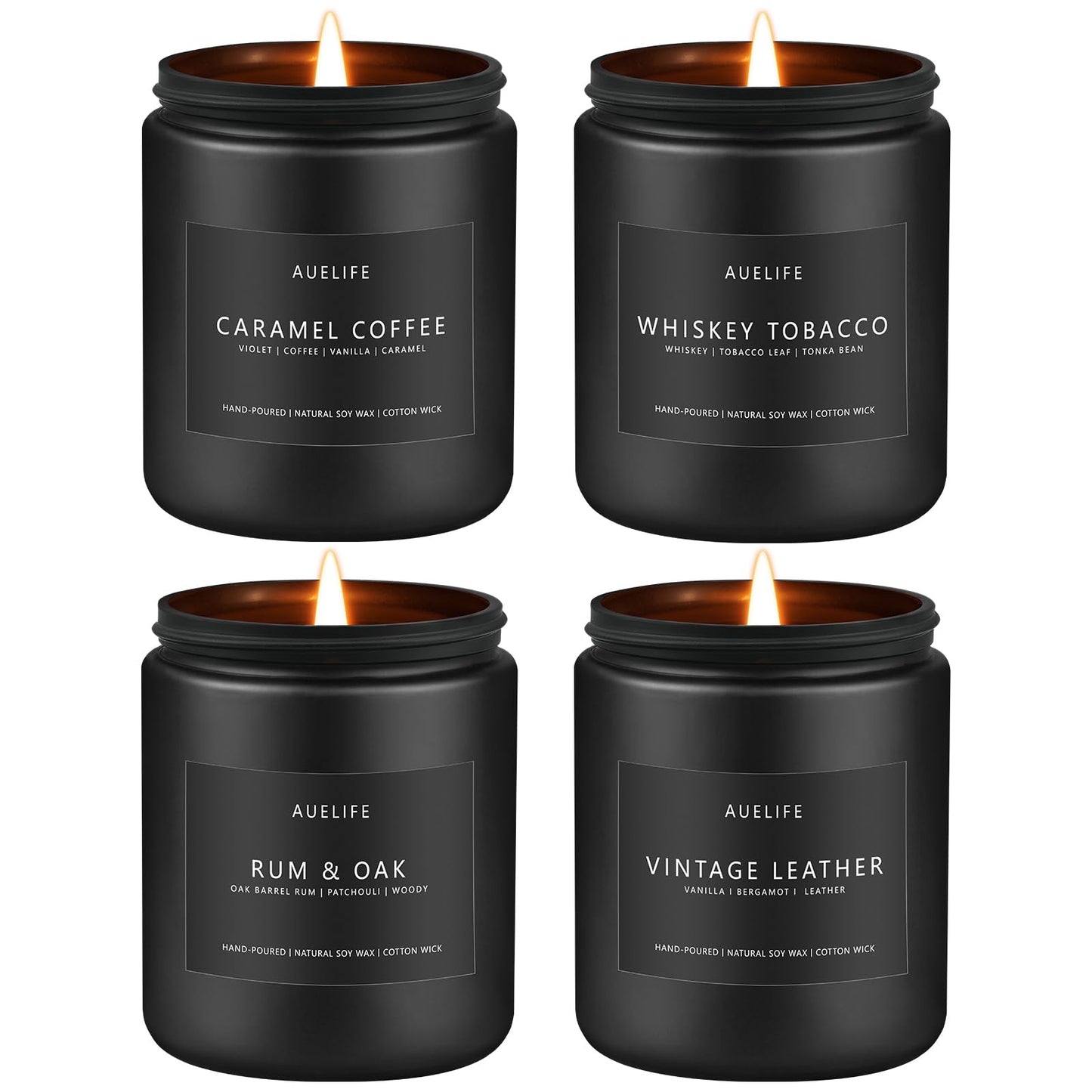 Scented Candles Set – 4-Pack for Men | Caramel Coffee, Whiskey Tobacco, Rum & Oak, Vintage Leather