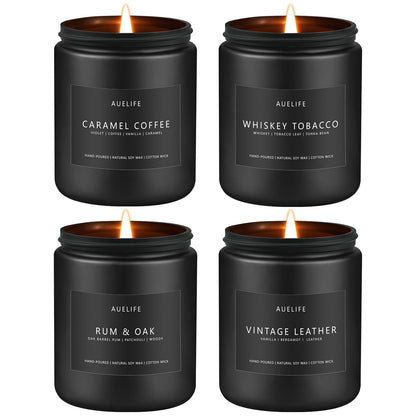 Scented Candles Set – 4-Pack for Men | Caramel Coffee, Whiskey Tobacco, Rum & Oak, Vintage Leather