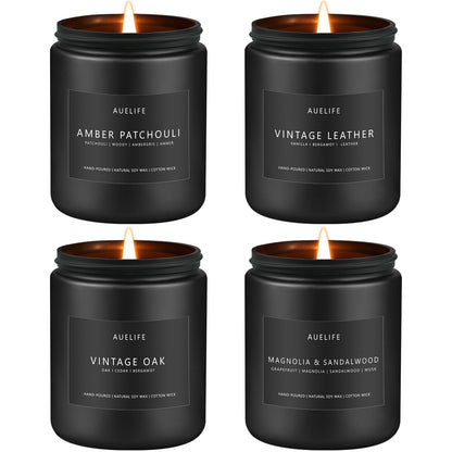 Scented Candles Set for Men - Leather, Oak & Amber Patchouli (4 Pack)