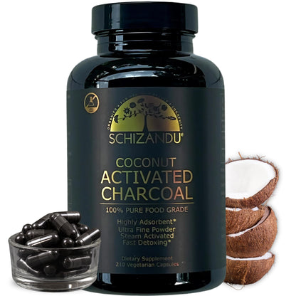 Schizandu Activated Coconut Charcoal Capsules - Vegan, Organic, Non-GMO, 210 Count | X-Large Bottle
