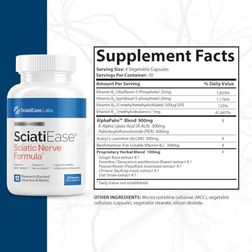 SciatiEase Sciatic Nerve Support – AlphaPalm, PEA & B-Complex, 120 Capsules