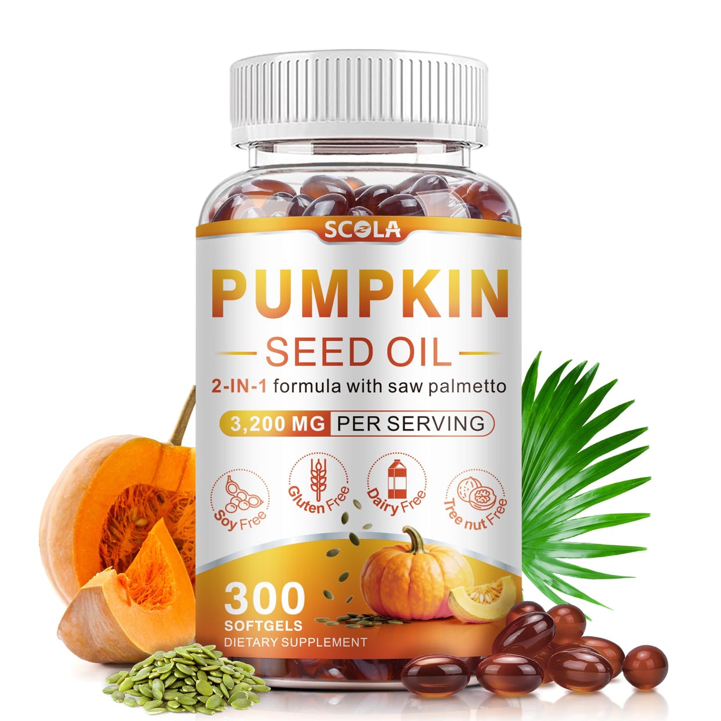 SCOLA Pumpkin Seed Oil Capsules with Saw Palmetto – 3200mg Prostate & Urinary Health (300 Softgels) | Non-GMO, Gluten-Free