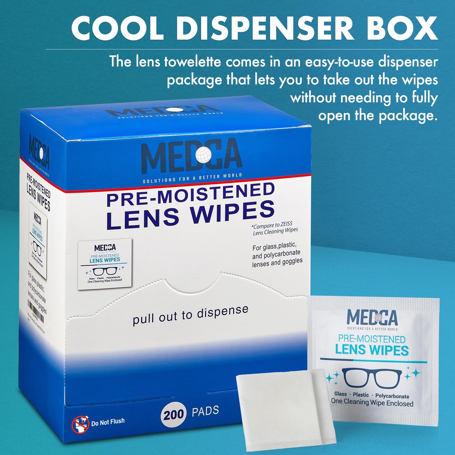Premoistened Lens Cleaning Wipes - Pack of 200 | Quick Drying, Streak-Free | MEDca