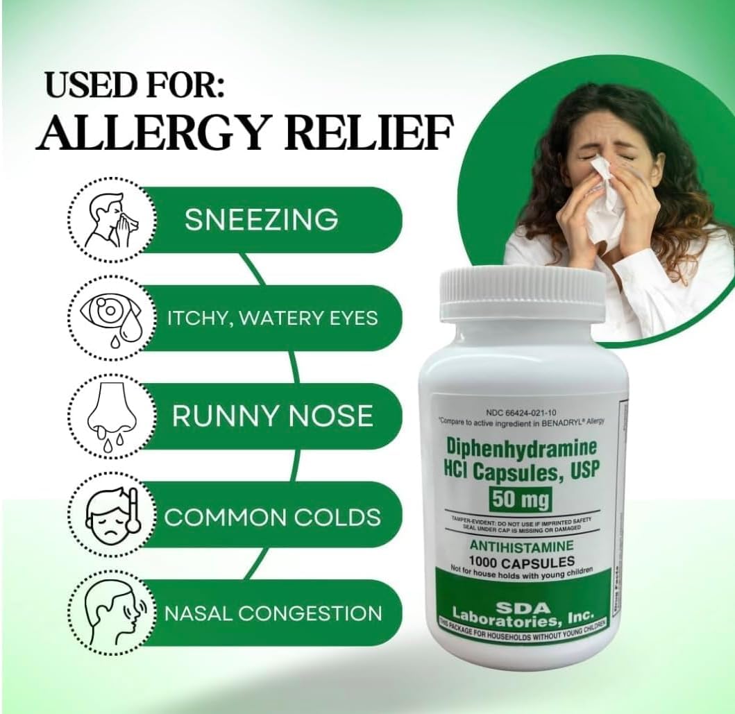 SDA LABORATORIES Diphenhydramine 50mg Allergy Relief — Fast-Acting Indoor & Outdoor Antihistamine, 1000 Count