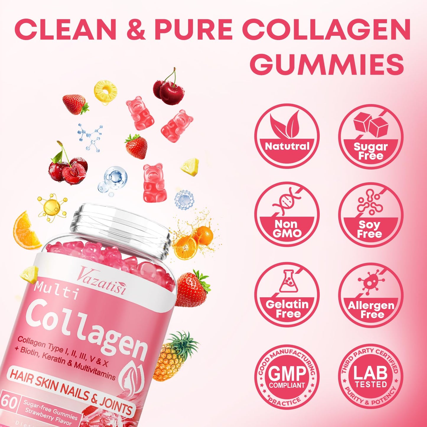 2 Pack Sugar Free Collagen Gummies – Multi-Type Collagen I-V, Biotin & Vitamin C | Strawberry 120 Count