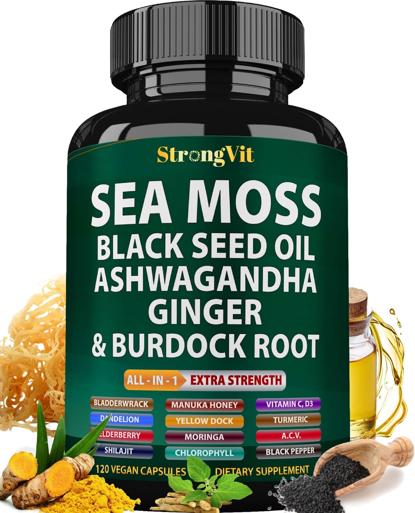 Sea Moss + Black Seed Oil Capsules with Ashwagandha & Ginger – Organic Multimineral Sea Moss (120 Capsules) USA