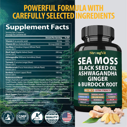 Sea Moss + Black Seed Oil Capsules with Ashwagandha & Ginger – Organic Multimineral Sea Moss (120 Capsules) USA