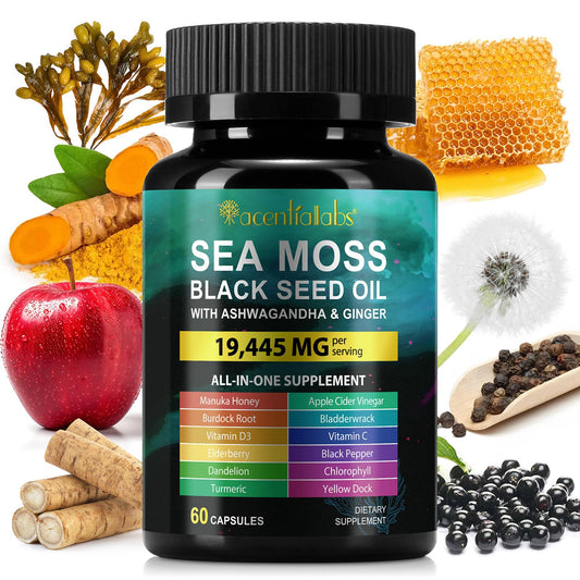 Sea Moss Black Seed Oil Ashwagandha Turmeric Capsules - Immunity & Energy Support, 60 Count