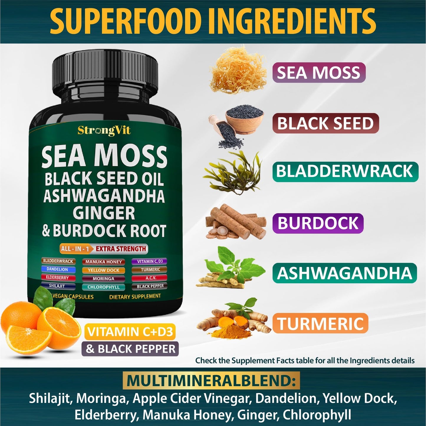 Sea Moss + Black Seed Oil Capsules with Ashwagandha & Ginger – Organic Multimineral Sea Moss (120 Capsules) USA