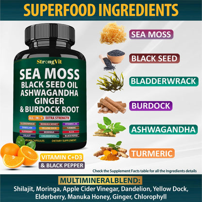 Sea Moss + Black Seed Oil Capsules with Ashwagandha & Ginger – Organic Multimineral Sea Moss (120 Capsules) USA