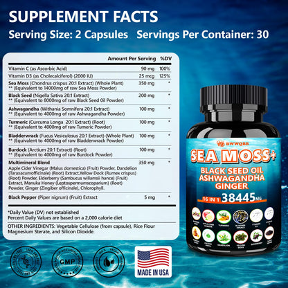 Sea Moss Capsules 60 Count – All-in-1 with Black Seed Oil, Ashwagandha, Turmeric, Bladderwrack & Burdock