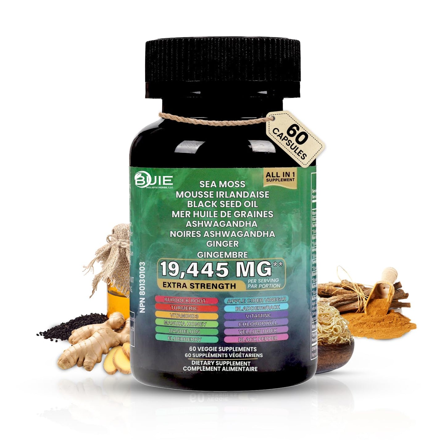 Sea Moss Capsules Ginger - 60 Caps | Energy, Immunity & Skin Health | Vegan & Non-GMO