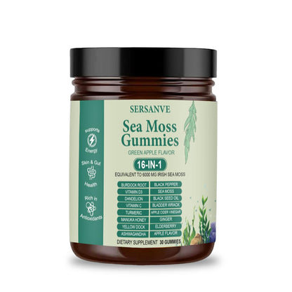 Sea Moss Gummies 16-in-1, with Black Seed Oil, Ashwagandha & Elderberry | Irish Sea Moss Supplement for Men & Women | Daily Wellness Support with Manuka, Burdock Root & Vitamins C & D3, 30 Gummies
