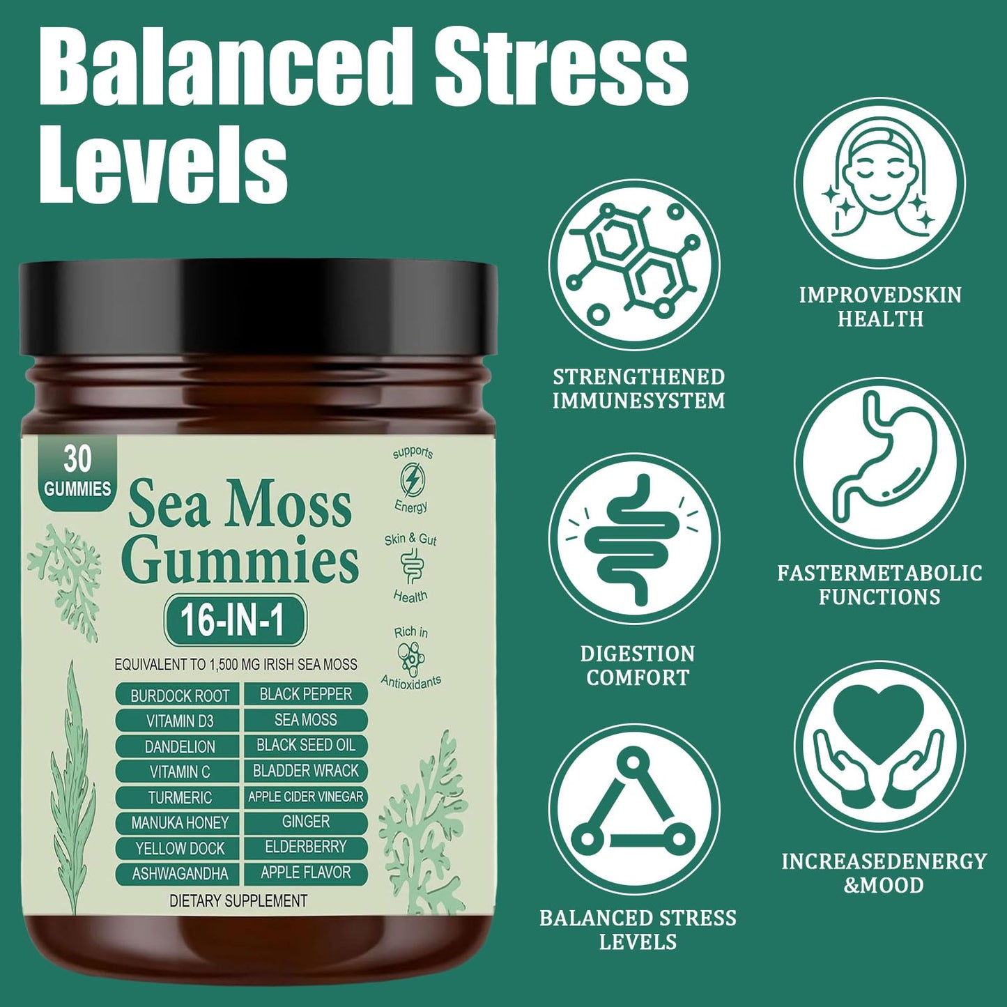 Sea Moss Gummies 16-in-1 – Irish Seamoss with Ashwagandha & Black Seed Oil | 30 Gummies