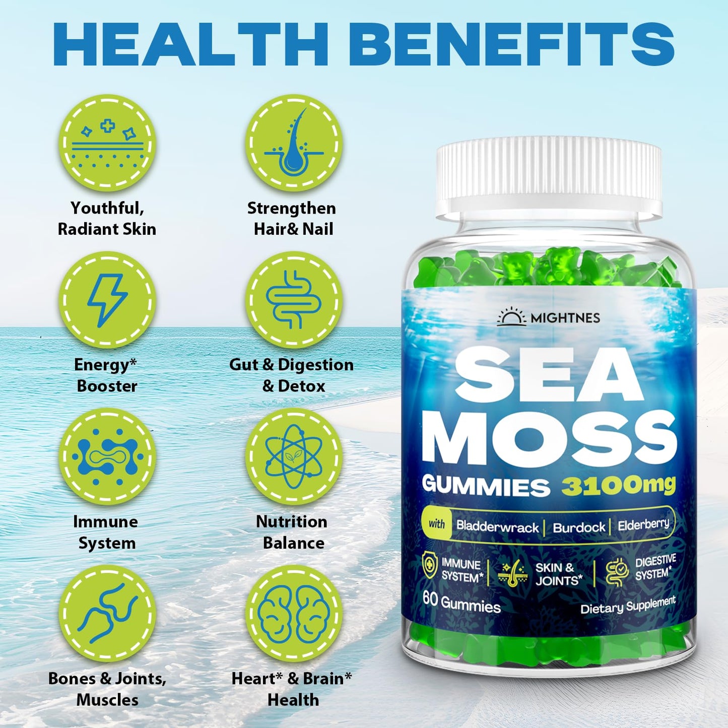 Sea Moss Gummies 3100mg Irish Seamoss – Detox, Immune, Skin – 120ct
