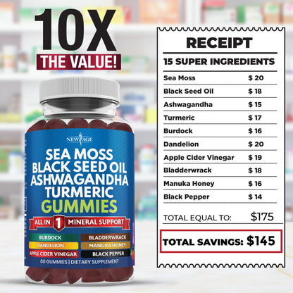 Sea Moss Gummies 10-in-1 - Black Seed, Ashwagandha, Turmeric, ACV & Manuka Honey – Vegan 120 Count