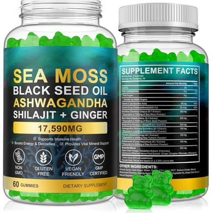 Vceeoy Sea Moss Gummies with Black Seed Oil, Ashwagandha & Ginger - 60 Gummies