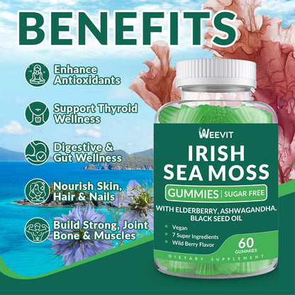 Sea Moss Gummies - Irish Sea Moss, Black Seed Oil, Ashwagandha & Elderberry for Immune, Skin & Energy
