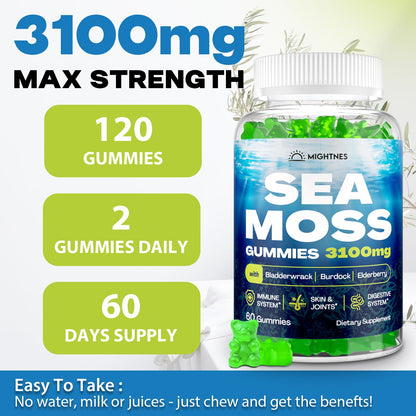 Sea Moss Gummies 3100mg Irish Seamoss – Detox, Immune, Skin – 120ct