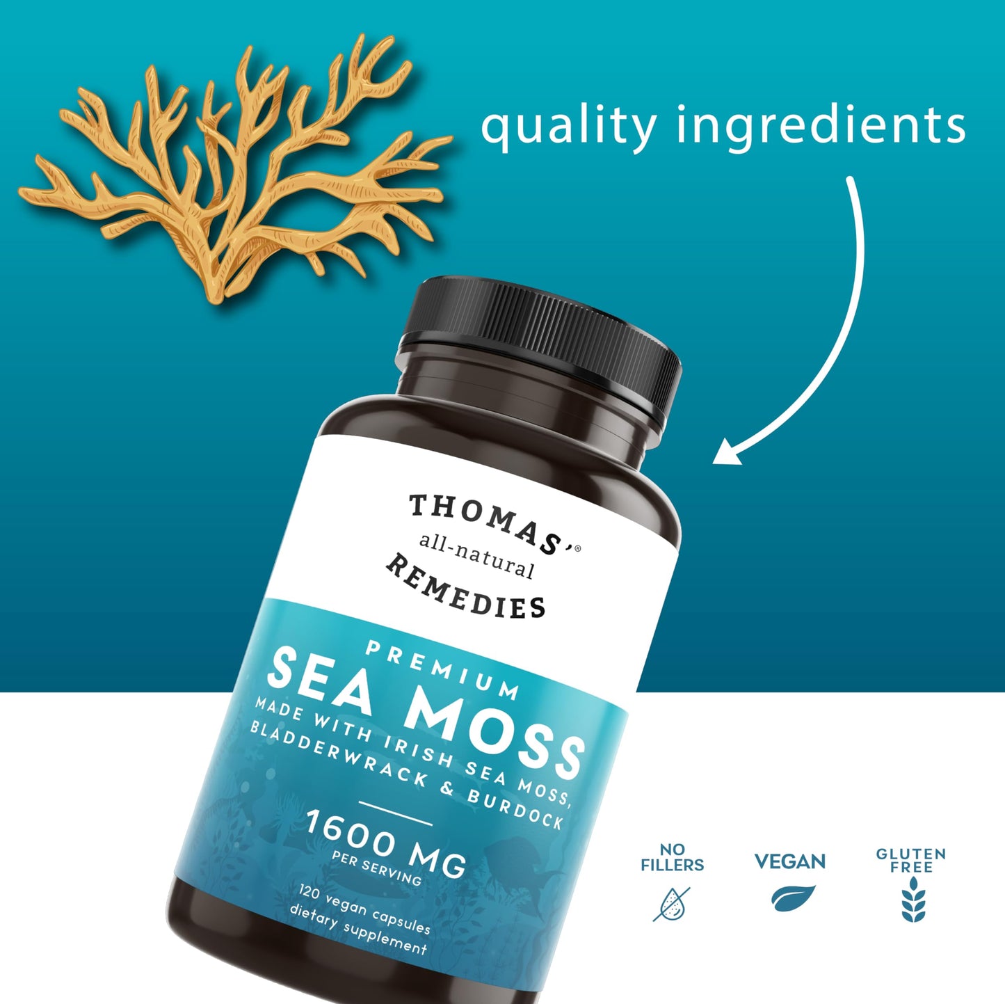 Thomas' All-Natural Irish Sea Moss Capsules with Bladderwrack & Burdock Root – Organic Sea Moss Pills (120)