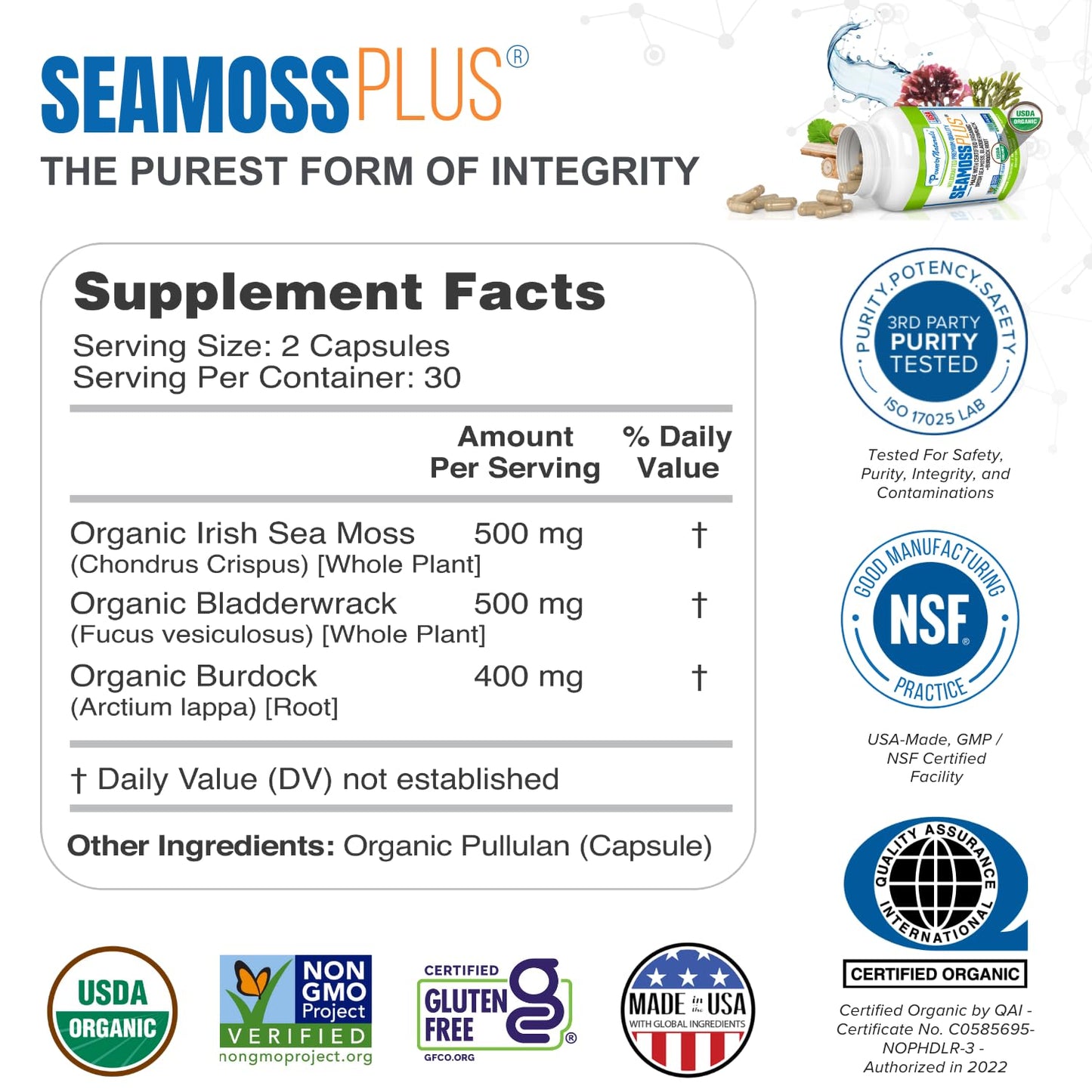 Power By Naturals Sea Moss Plus – Organic Irish Sea Moss with Bladderwrack & Burdock Root, 60 Capsules, 2 Pack