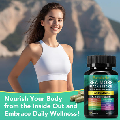 Sea Moss Black Seed Oil Ashwagandha Turmeric Capsules - Immunity & Energy Support, 60 Count
