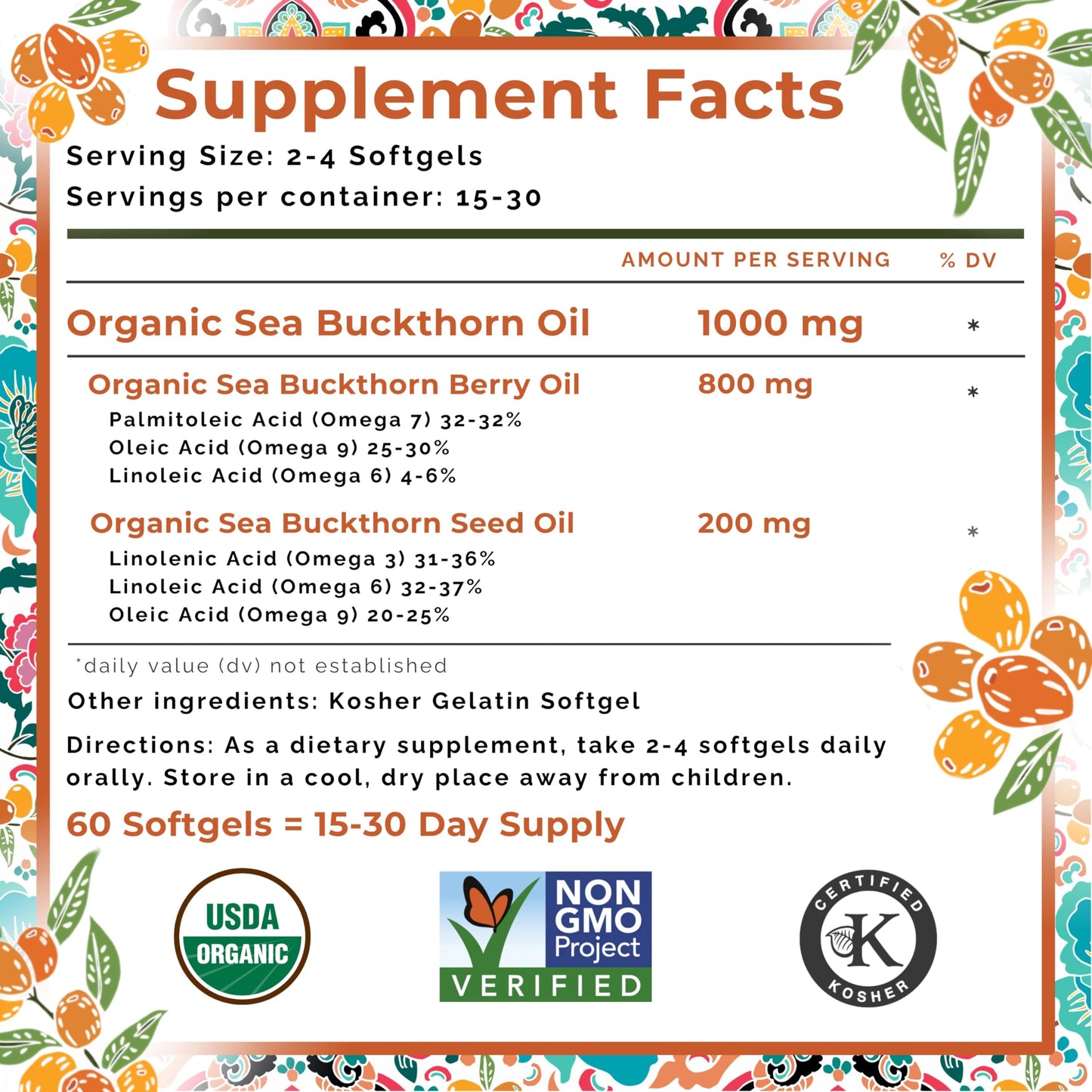 SEABUCKWONDERS Organic Sea Buckthorn Oil Softgels 1000mg – Omega 7, 3, 6 & 9 | Hair, Skin & Nails