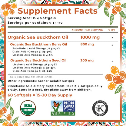 SEABUCKWONDERS Organic Sea Buckthorn Oil Softgels 1000mg – Omega 7, 3, 6 & 9 | Hair, Skin & Nails