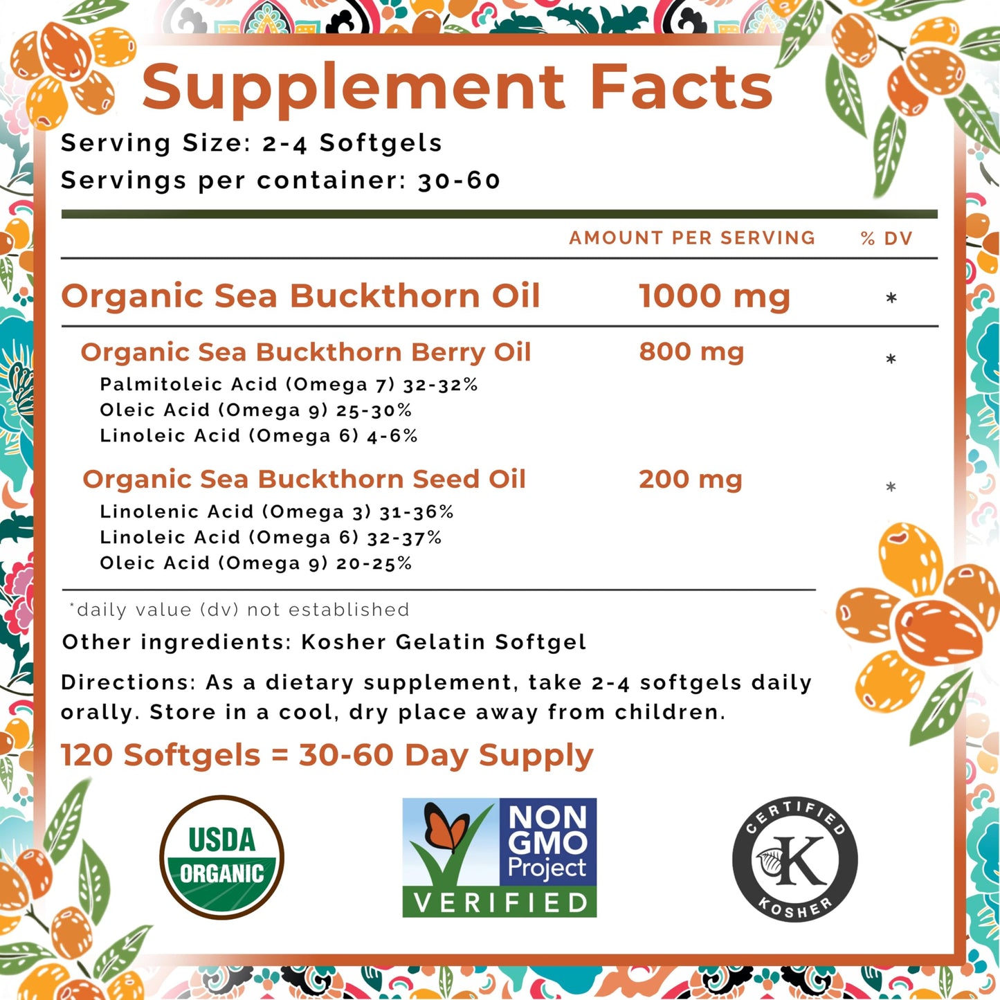 SeabuckWonders Organic Sea Buckthorn Oil Softgels – Omega-7, 120 Count, 1000mg