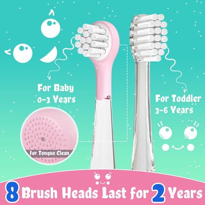 SEAGO Kids Electric Toothbrush Pink – Rechargeable Toddler Toothbrush with Magnetic Charging, LED Light, 8 Heads (Ages 2-6)