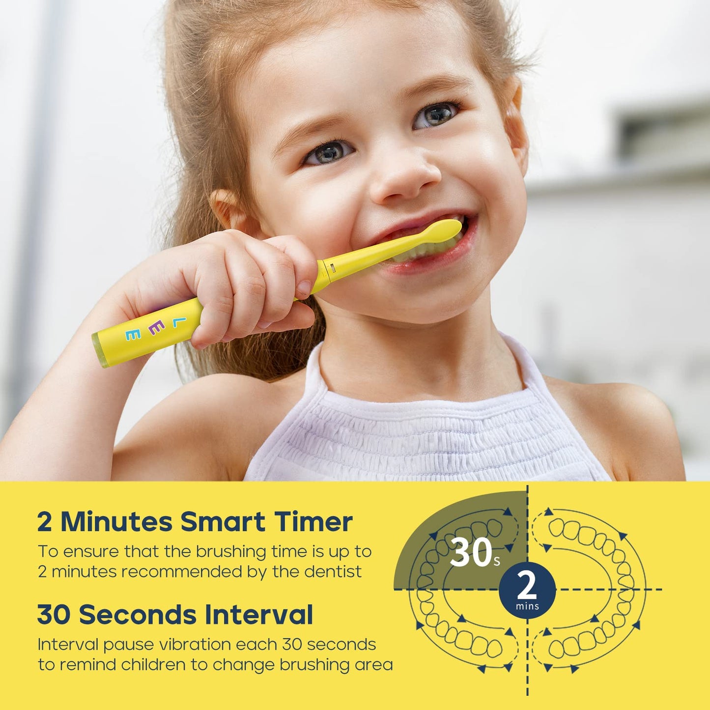 SEAGO Kids Electric Toothbrush - 5 Modes, DIY Stickers, 4 Heads, Ages 3-12, Yellow