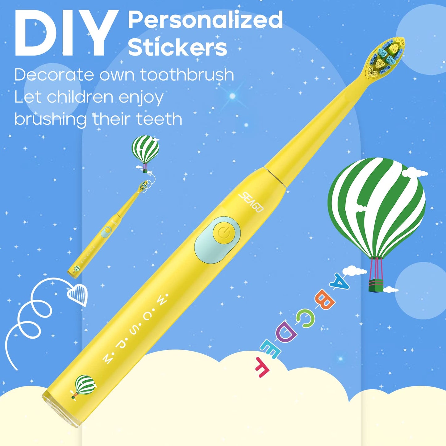 SEAGO Kids Electric Toothbrush - 5 Modes, DIY Stickers, 4 Heads, Ages 3-12, Yellow
