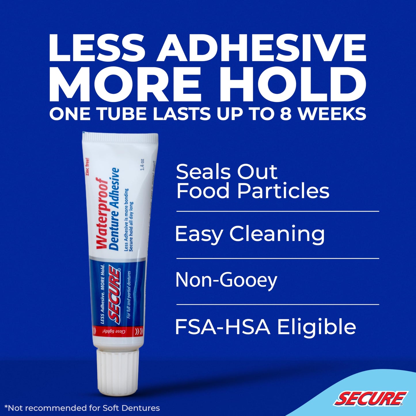 Secure Waterproof Denture Adhesive - Zinc Free, 12-Hour Hold, 1.4 oz Pack of 2
