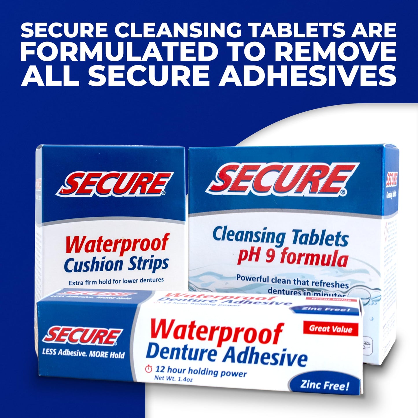 Secure Waterproof Denture Adhesive - Zinc Free, 12-Hour Hold, 1.4 oz Pack of 2