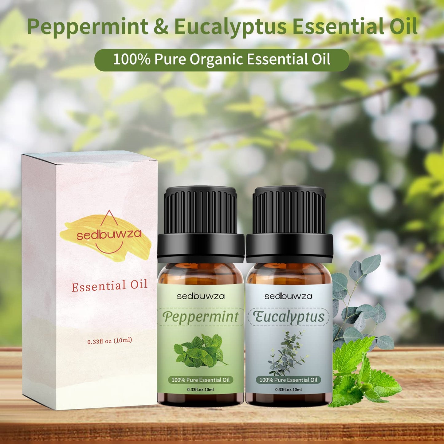 Sedbuwza Peppermint & Eucalyptus Essential Oil Set – 2 x 10 ml for Diffuser, Aromatherapy, Massage