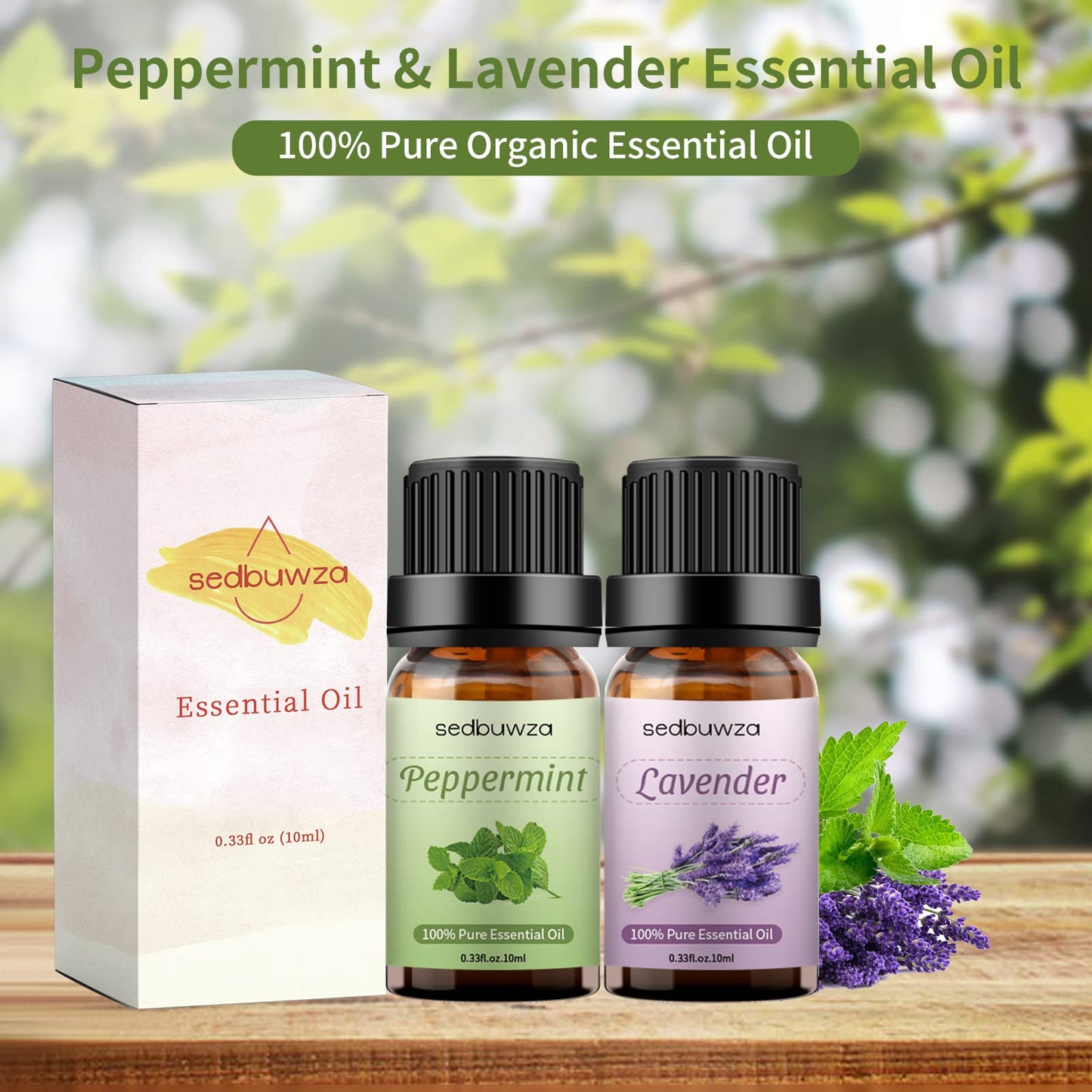 Sedbuwza Lavender & Peppermint Essential Oil Set – 2 x 10ml for Diffuser, Aromatherapy