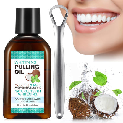sefudun Whitening Coconut Pulling Oil (4.2 Fl Oz) – Teeth Whitening & Gum Health with Tongue Scraper