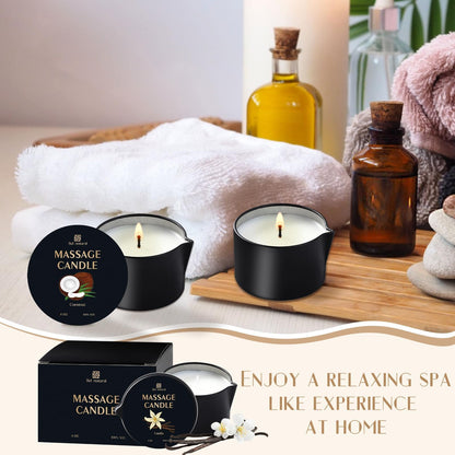Sel Natural 3 Pack Massage Oil Candles – 18oz Low Temp Soy Candles in Vanilla, White Tea & Coconut
