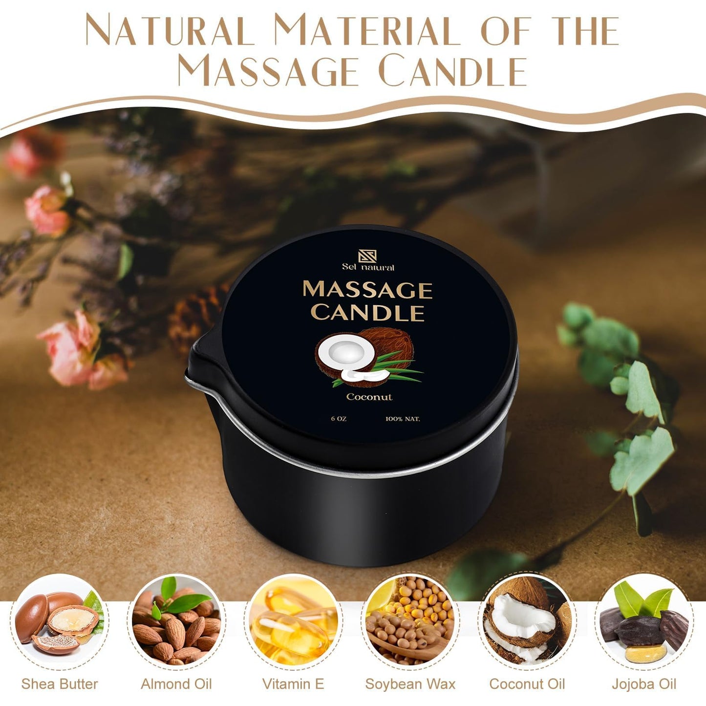 Sel Natural 3 Pack Massage Oil Candles – 18oz Low Temp Soy Candles in Vanilla, White Tea & Coconut