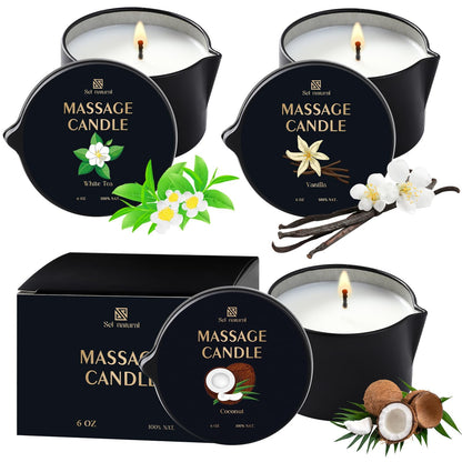 Sel Natural 3 Pack Massage Oil Candles – 18oz Low Temp Soy Candles in Vanilla, White Tea & Coconut