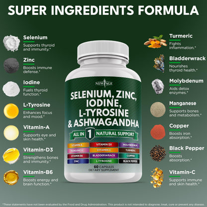 New Age Selenium, Zinc, Iodine, L-Tyrosine & Ashwagandha - 120 Count Supplement