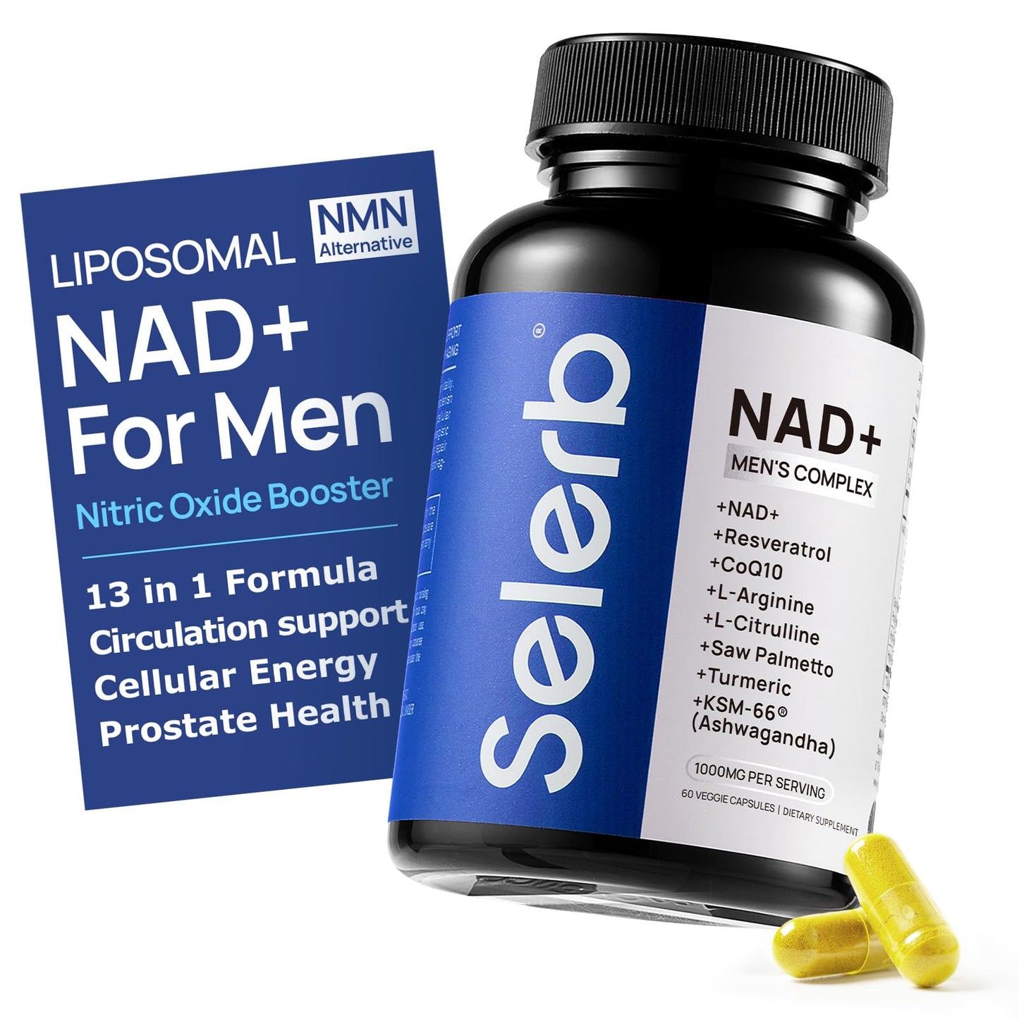 Selerb NAD+ for Men – Nitric Oxide, Prostate Health, Resveratrol, CoQ10 | 60 Capsules