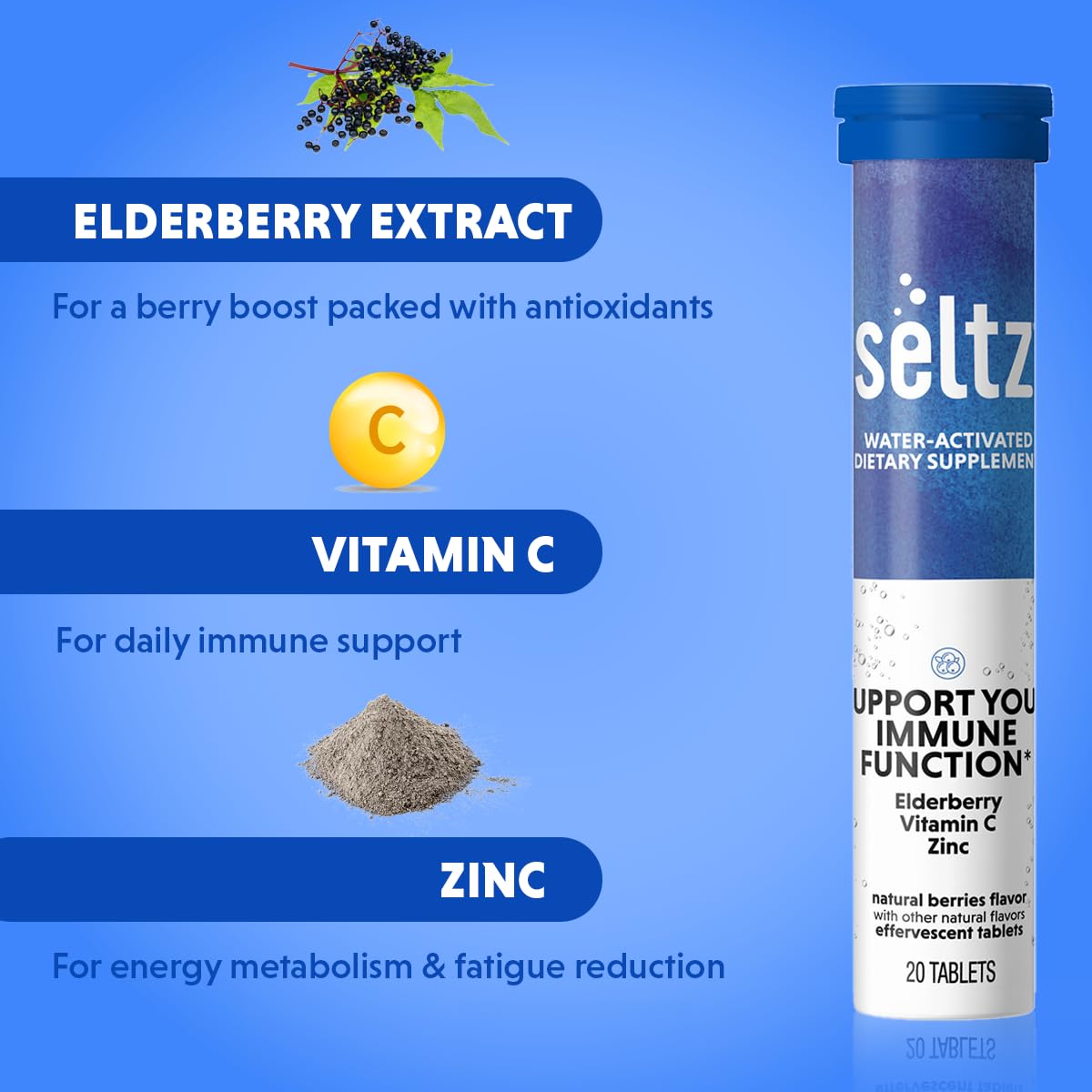 Seltz Berry Immune Support – Effervescent Vitamins with Vitamin C, Elderberry & Zinc (20 Tablets)