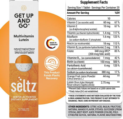 Seltz® Get Up and Go – Effervescent Multivitamin with Lutein for Daily Energy, Eye Health & Antioxidant Support – Tropical Flavor, 20 Tablets (Pack of 6)
