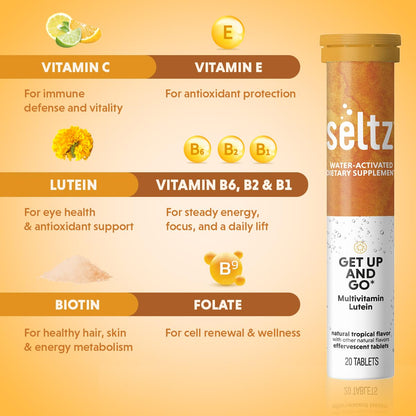Seltz® Get Up and Go – Effervescent Multivitamin with Lutein for Daily Energy, Eye Health & Antioxidant Support – Tropical Flavor, 20 Tablets (Pack of 6)