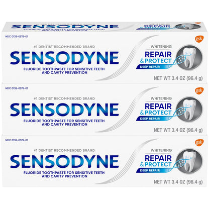 Sensodyne Repair and Protect Whitening Toothpaste – 3 x 3.4 oz for Sensitive Teeth & Cavity Prevention