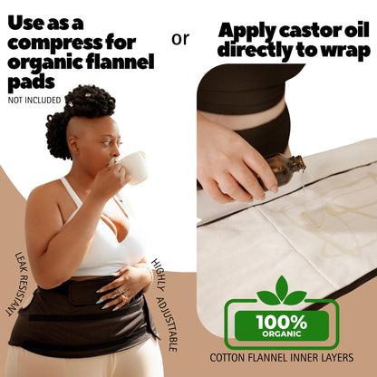 Sentre Plus-Size Castor Oil Pack Wrap – Adjustable Straps, Organic Cotton Flannel, 67in (Black)