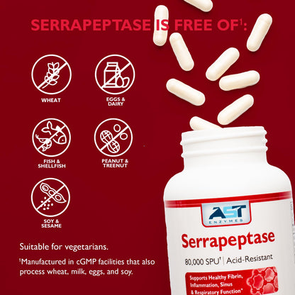 AST Enzymes Serrapeptase 80,000 SPU – 300 Vegetarian Capsules | Acid-Resistant Systemic Enzymes