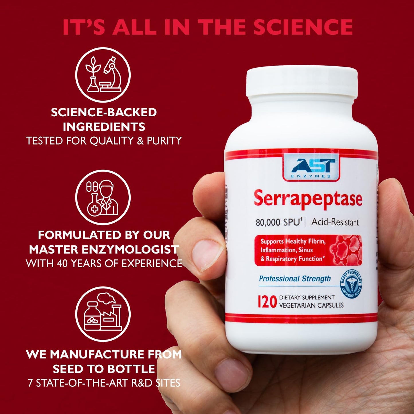 AST Enzymes Serrapeptase 80,000 SPU – 300 Vegetarian Capsules | Acid-Resistant Systemic Enzymes